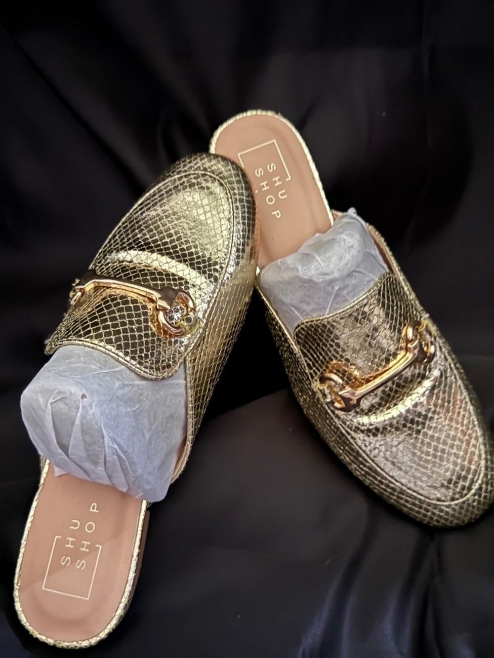 Shu Shop Gold Mule Slides | Snakeskin Texture (7.5)